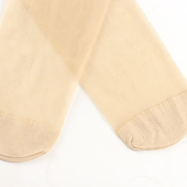 Close-up of beige sheer nylon ankle socks with reinforced toe area on white background