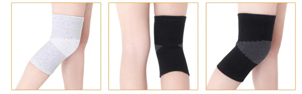 Three knee sleeves in grey and black colors worn on legs, knee support braces display