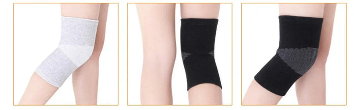 Three knee sleeves in grey and black colors worn on legs, knee support braces display