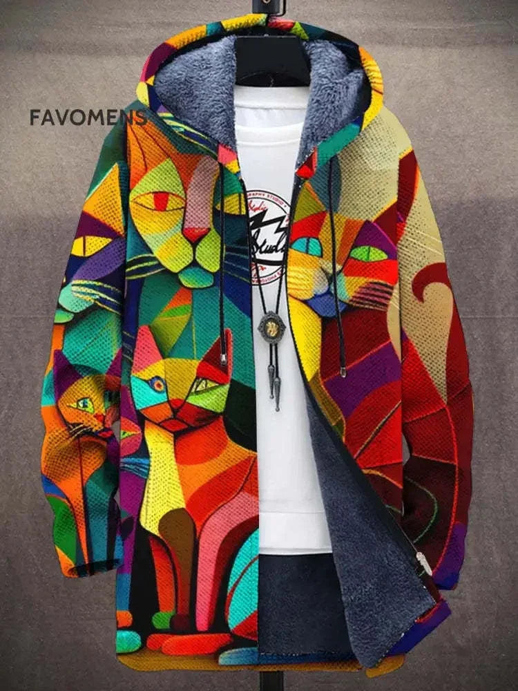 colorful hooded jacket with abstract cat designs and grey fleece lining displayed with white t-shirt and pendant