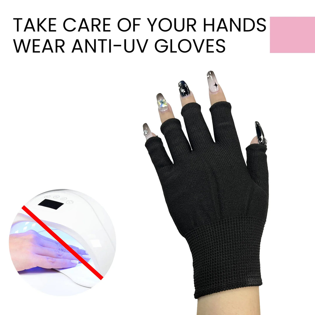 Hand wearing black anti-UV gloves with decorated nails, text recommending gloves over UV lamp