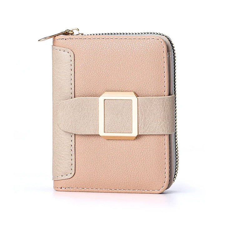 Compact pink and beige leather wallet with gold square buckle and zipper closure