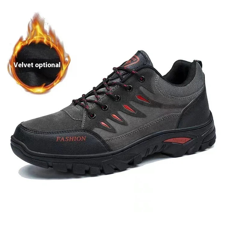 Black and gray men’s casual fashion sneaker with red accents and rugged sole, velvet optional lining