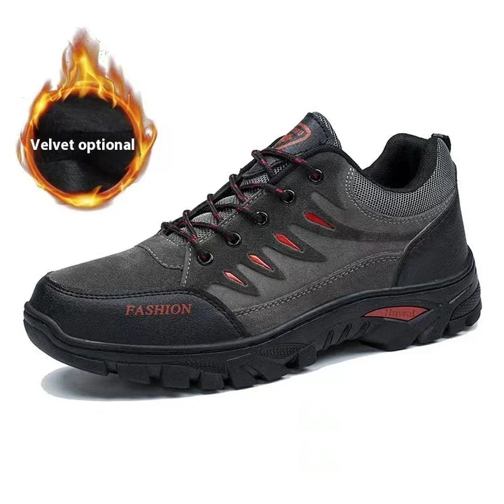 Black and gray men’s casual fashion sneaker with red accents and rugged sole, velvet optional lining