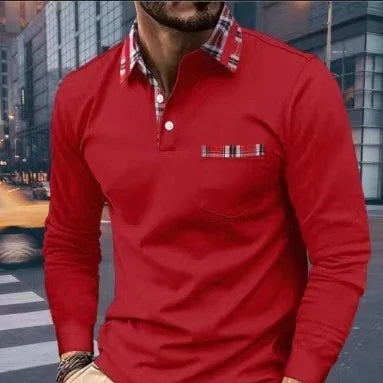 Man wearing red long-sleeve polo shirt with plaid collar and pocket detail in urban street setting