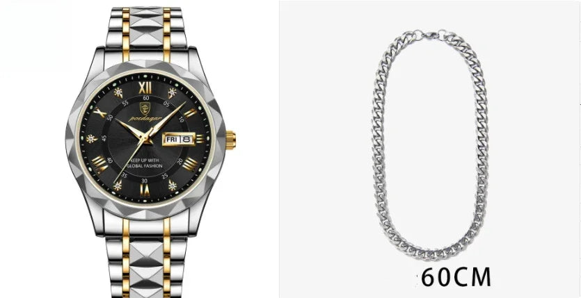 Luxury men's silver and gold wristwatch with black dial and date display, 60cm silver chain necklace
