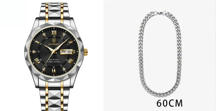 Luxury men's silver and gold wristwatch with black dial and date display, 60cm silver chain necklace