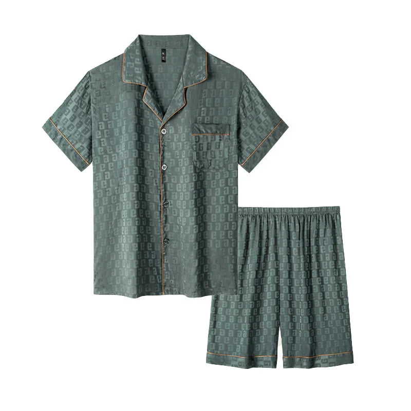 Men's short-sleeve button-up green patterned pajama set with shorts and contrast piping