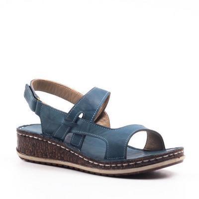 Blue leather women's open-toe sandal with adjustable ankle strap and textured brown sole