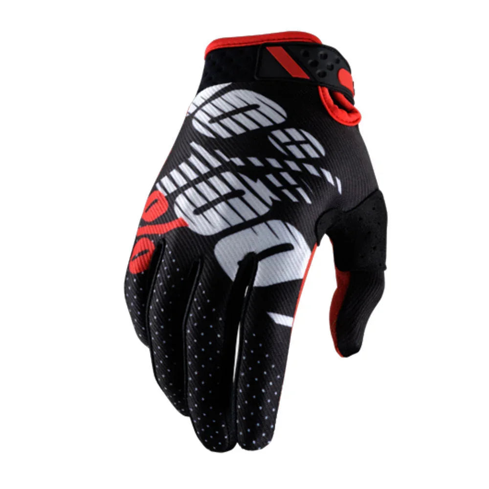 Black and red full-finger cycling glove with white graphic design and adjustable wrist strap
