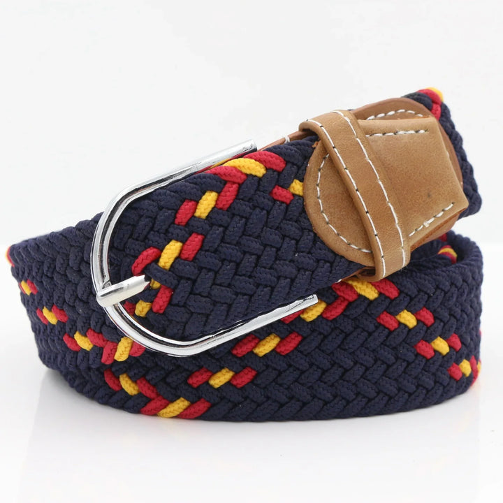 Navy blue braided fabric belt with red and yellow accents, silver buckle, and tan leather detail