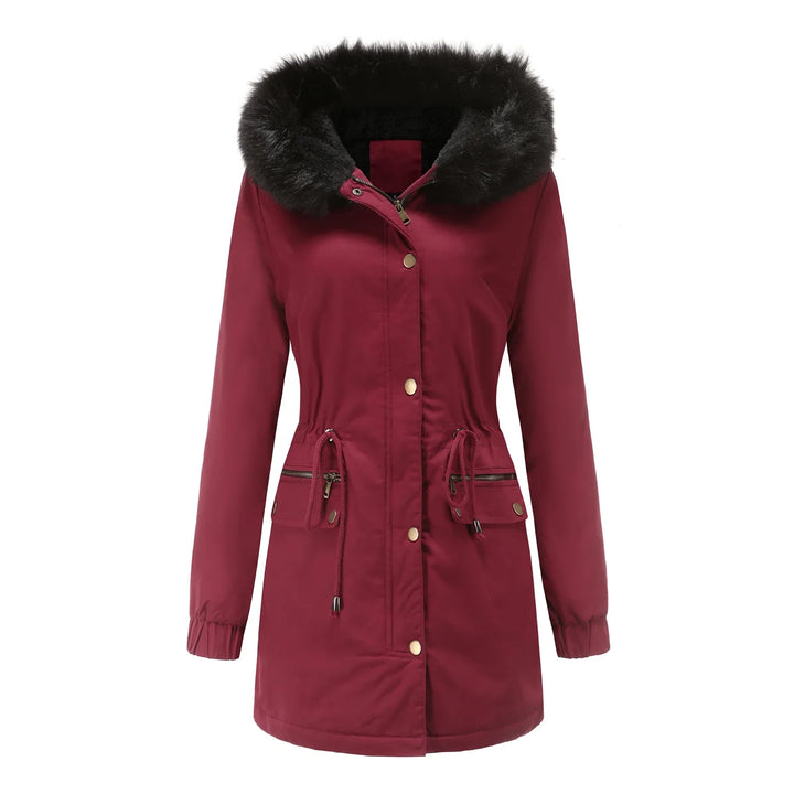 Women's maroon winter parka jacket with black faux fur hood and zippered pockets