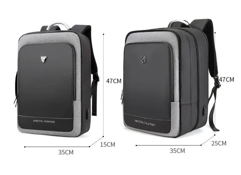 Arctic Hunter black and gray rectangular backpacks with front zip pockets and USB charging ports, showing dimensions