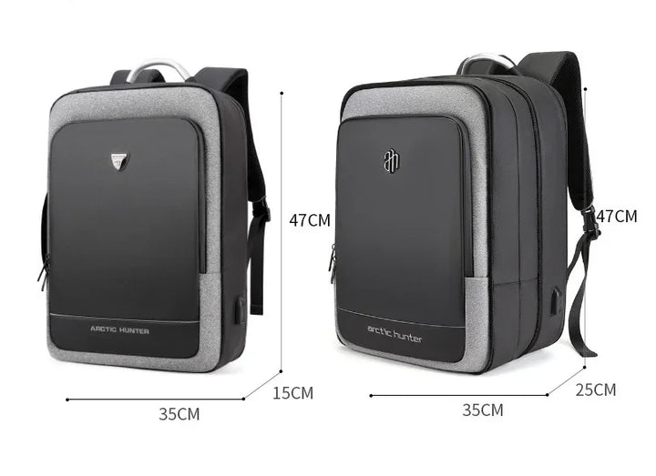 Arctic Hunter black and gray rectangular backpacks with front zip pockets and USB charging ports, showing dimensions