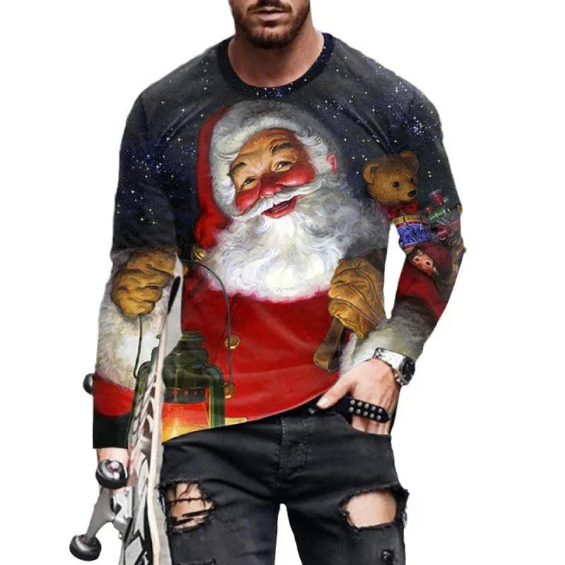 Man wearing Christmas sweater with smiling Santa holding lantern and teddy bear on dark snowy background