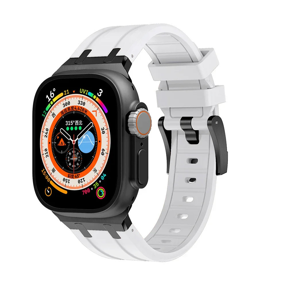 Smartwatch with a black case and white strap displaying a colorful, circular navigation and altitude interface