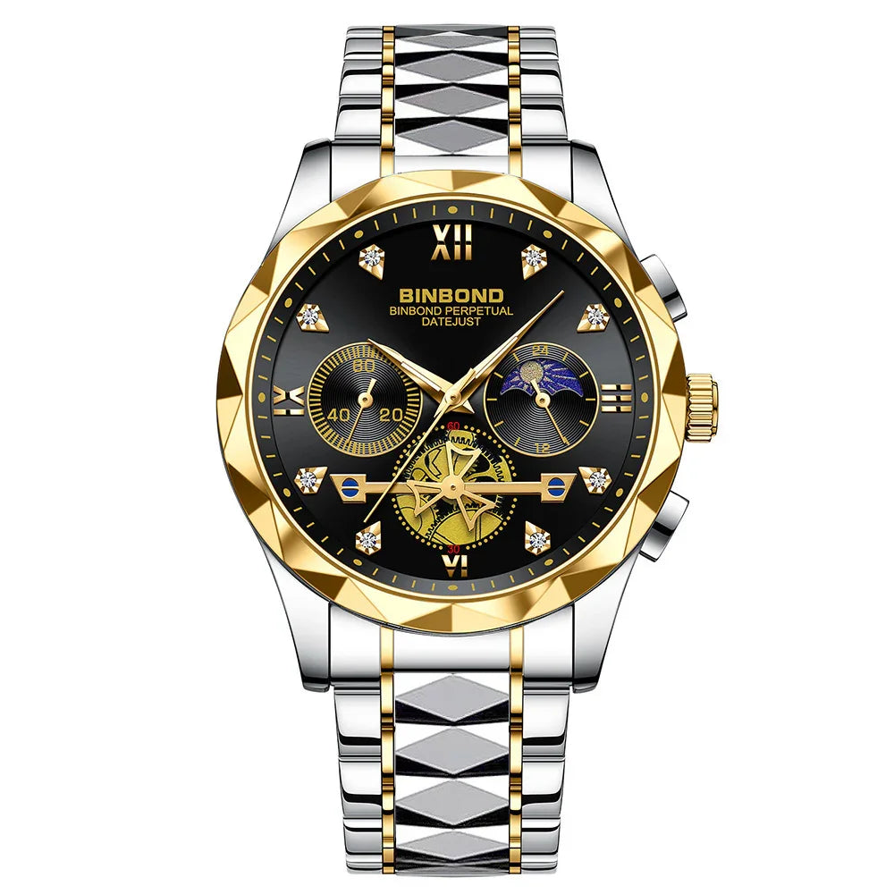 BINBOND men's luxury watch with black dial, gold bezel, diamond hour markers, and silver-gold metal band