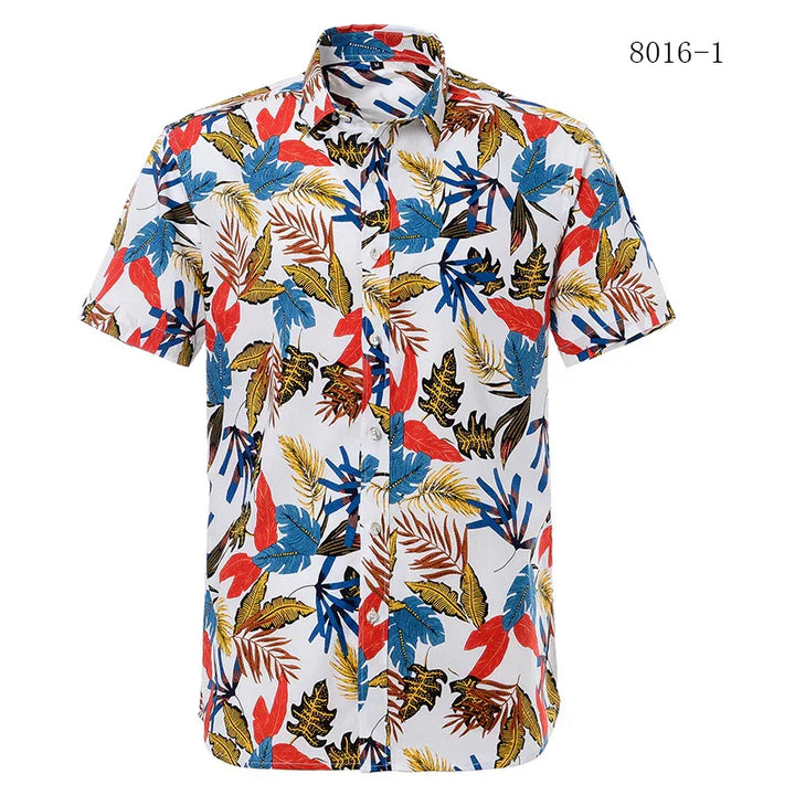 Men's short sleeve tropical leaf print shirt with red, blue, yellow, and brown on white background