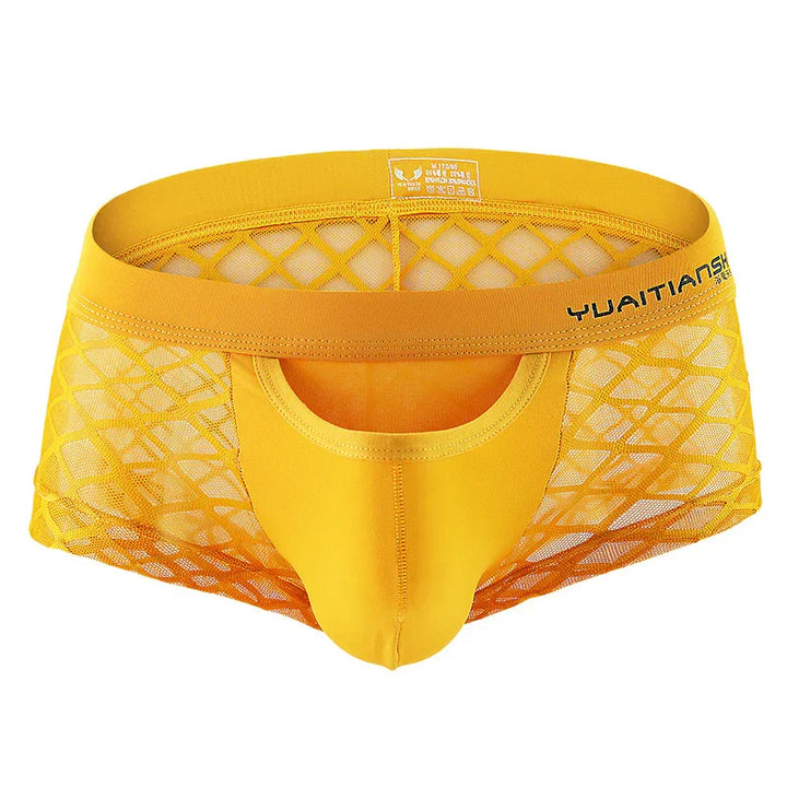 Yellow men's mesh underwear with diamond pattern and front pouch with YUAI TIANSHI logo waistband