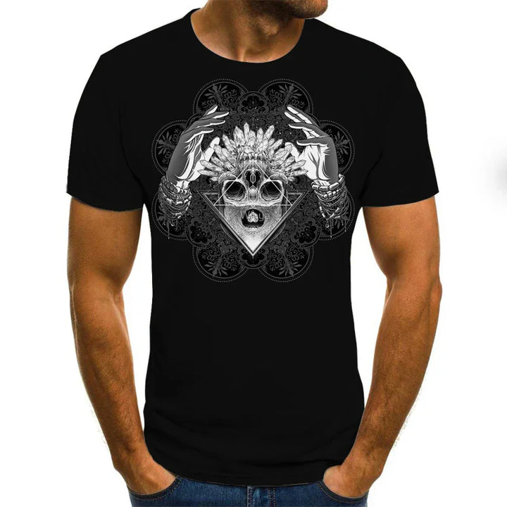 Black t-shirt with graphic of hands framing a skull with feathers and geometric patterns