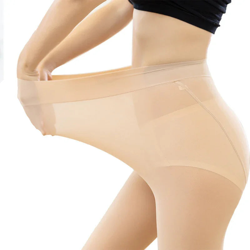 Close-up of woman wearing nude stretchable high waist shaping pantyhose with black top