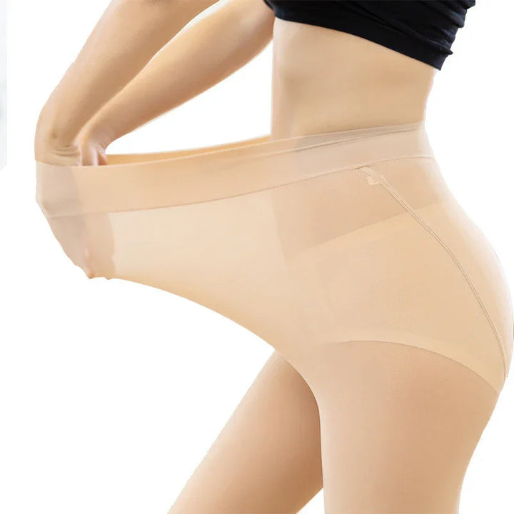 Close-up of woman wearing nude stretchable high waist shaping pantyhose with black top