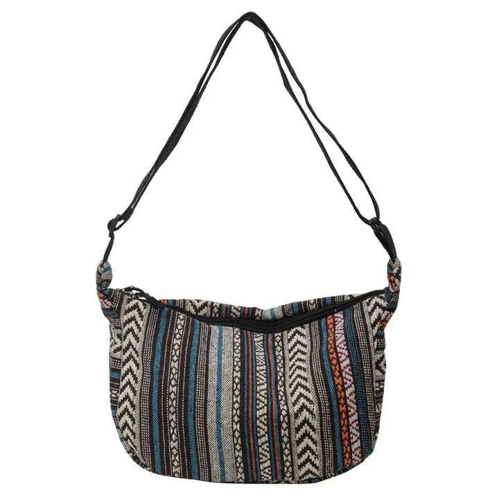Bohemian style shoulder bag with multicolor vertical stripes and geometric patterns