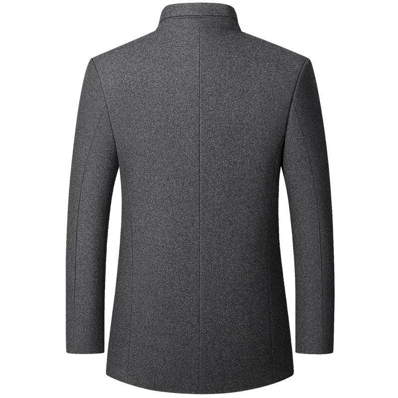 Back view of a gray wool men's winter coat with long sleeves and a stand collar