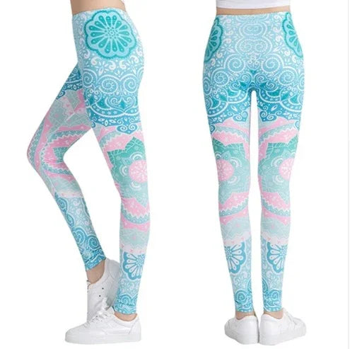 Women's pastel blue and pink mandala patterned leggings shown front and back, paired with white sneakers