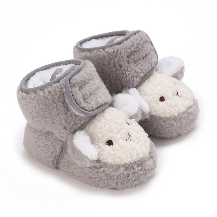 Gray and white baby slippers with soft fleece and cute sheep face design
