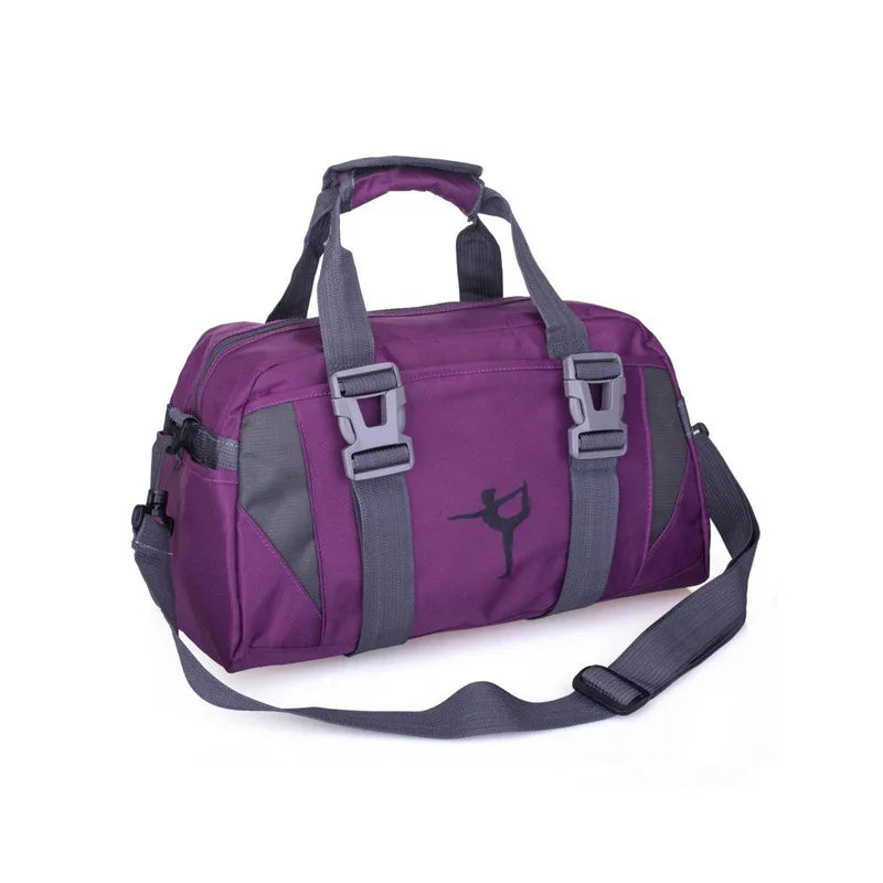Purple gym duffel bag with grey straps and yoga silhouette logo on white background