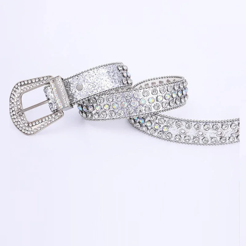 Silver belt with sparkling rhinestones and crystal-embellished buckle on white background