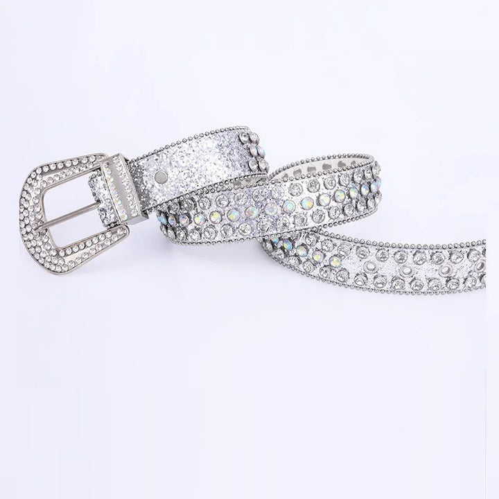 Silver belt with sparkling rhinestones and crystal-embellished buckle on white background