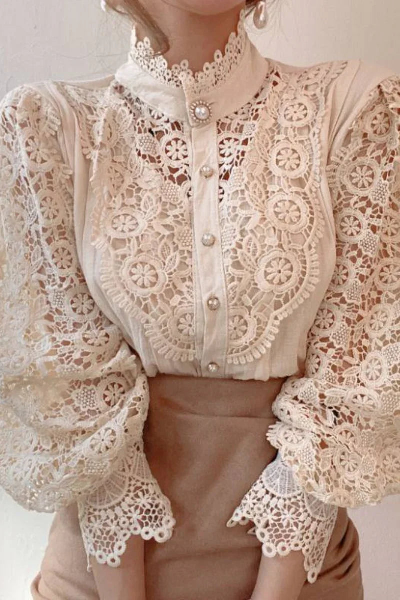 Cream lace blouse with floral embroidery, pearl buttons, and high neck collar, styled with beige skirt