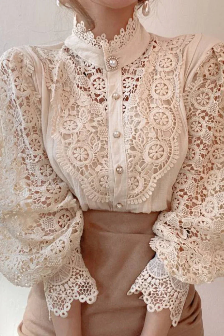 Cream lace blouse with floral embroidery, pearl buttons, and high neck collar, styled with beige skirt