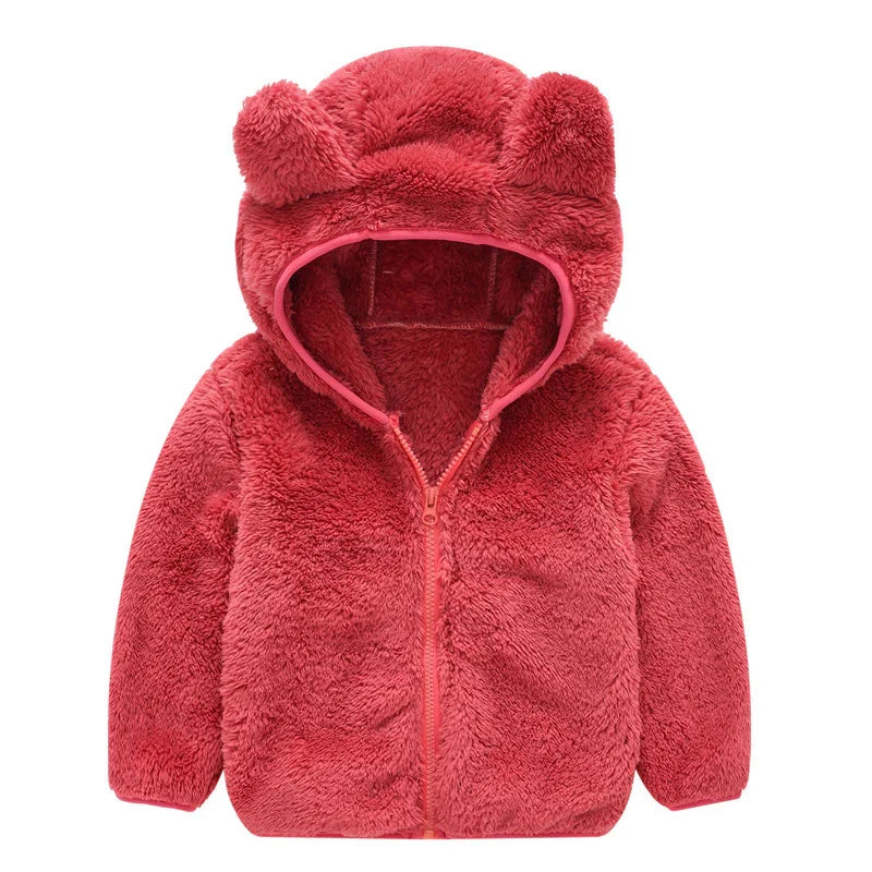 Red fluffy toddler jacket with hood and bear ears, soft warm kids winter coat