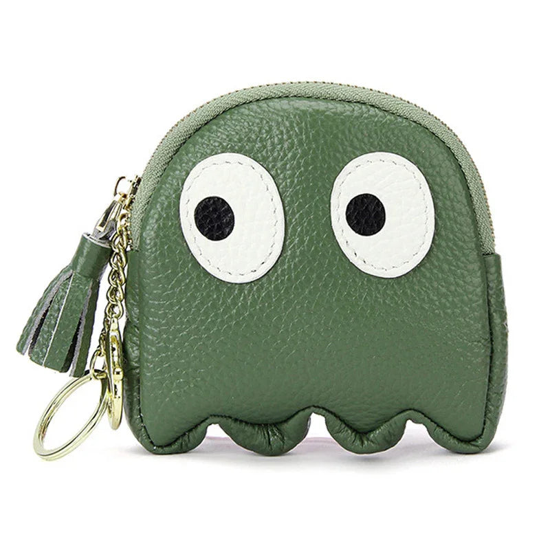 Green leather coin purse with big cartoon eyes, tassel zipper, and keyring accessory
