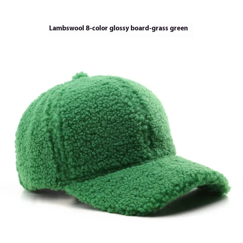 Grass green lambswool baseball cap with textured, fluffy wool material