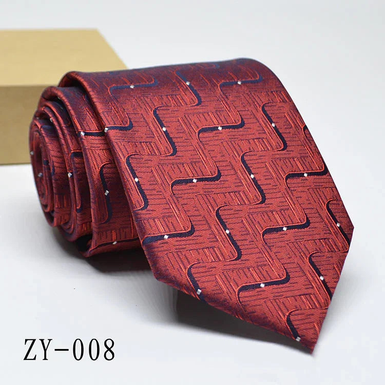 Red silk necktie with geometric zigzag and dot pattern, model ZY-008 on white background