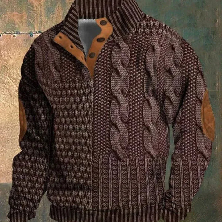 Brown knitted men's sweater with cable patterns, elbow patches, and buttoned collar on mannequin