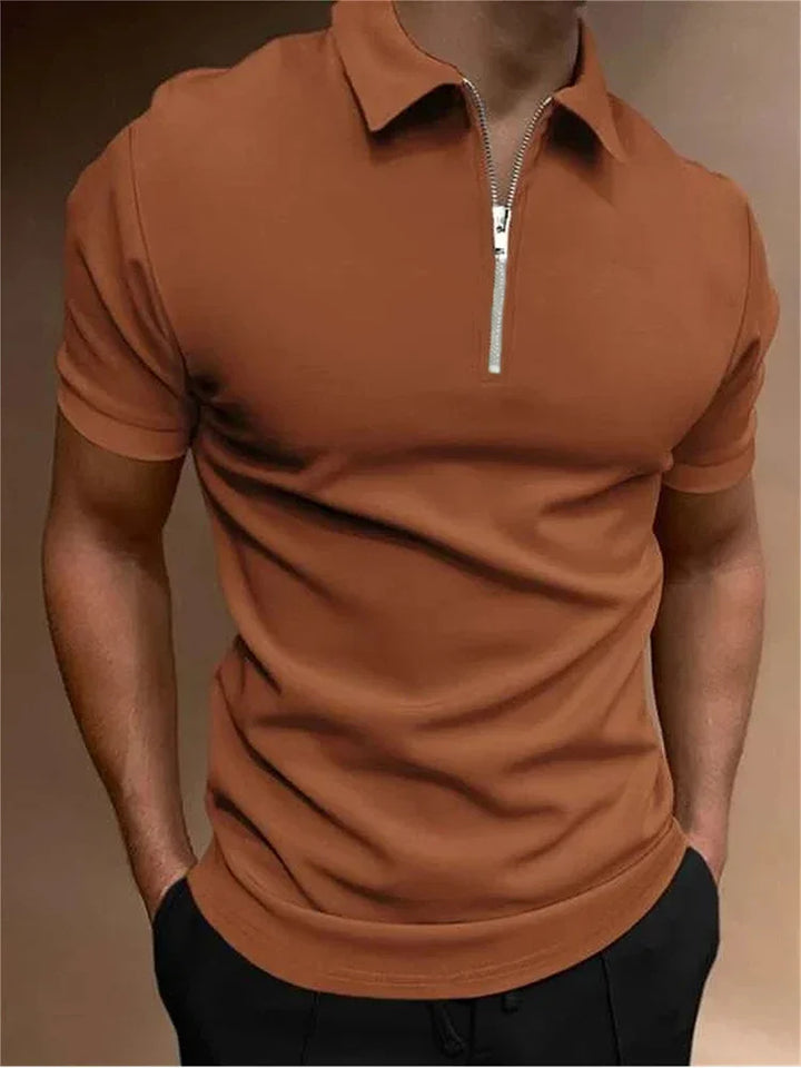 Man wearing fitted brown short sleeve polo shirt with front zipper and collar