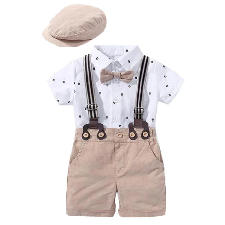 Baby boy formal outfit with white shirt, suspenders, bow tie, beige shorts, and matching cap