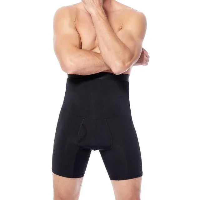 Muscular man wearing black high-waisted compression shorts with a supportive fit on a white background