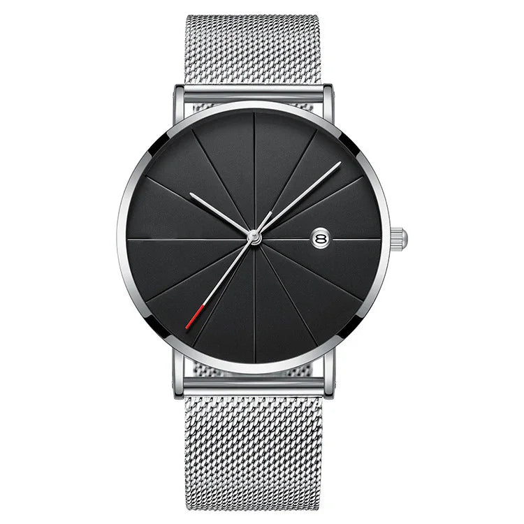Modern silver mesh band watch with black textured dial and minimalist hands showing date