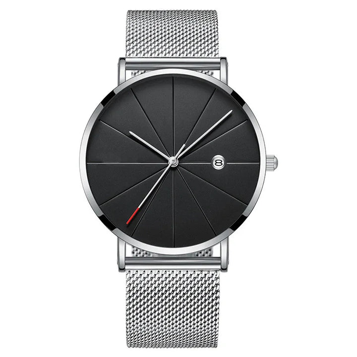 Modern silver mesh band watch with black textured dial and minimalist hands showing date