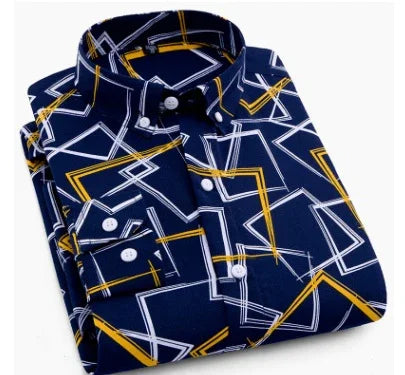 Folded navy blue men's shirt with white and yellow geometric square patterns and white buttons