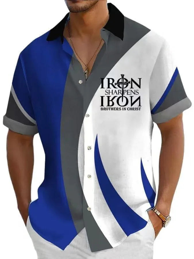 Men's short sleeve button-up shirt in blue, gray, and white with 'Iron Sharpens Iron Brothers in Christ' text