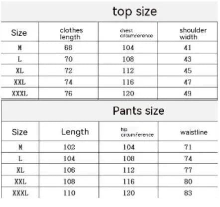 Men's clothing size chart for tops and pants, showing measurements for sizes M to XXXL.