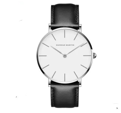 Minimalist Hannah Martin wristwatch with white dial and black leather strap