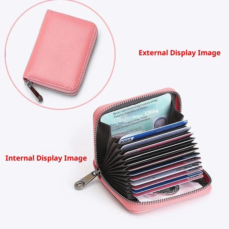 Pink leather zip-around card holder wallet with multiple accordion slots for credit cards and ID